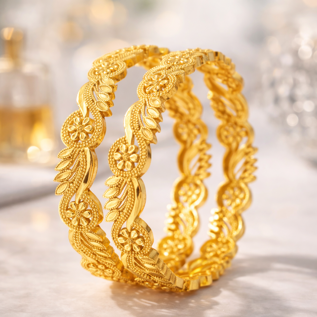 Ornate Floral Gold Bangle – 22K gold plated Handcrafted Elegance