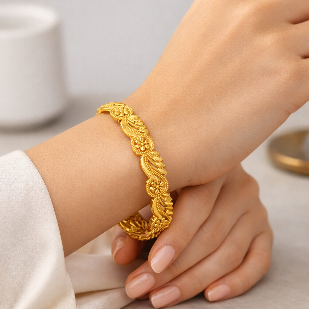 Ornate Floral Gold Bangle – 22K gold plated Handcrafted Elegance
