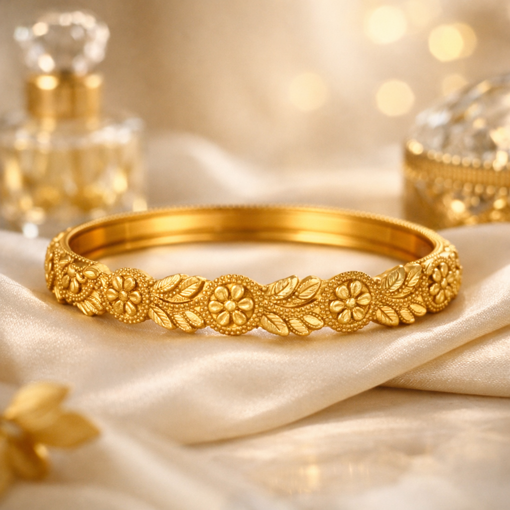 Ornate Floral Gold Bangle – 22K gold plated Handcrafted Elegance